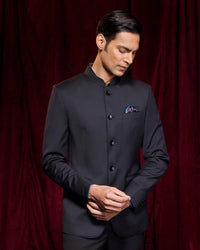 Arcadia Stretch Blended Wool Bandhgala Jacket - Black