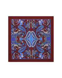 100% Silk Paisley Printed Pocket Square - Maroon & Blue