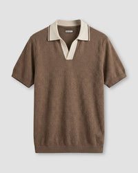 Signature Flat Knit Jacquard Johnny Polo - Light Olive & Ecru