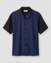 Navy & Black Studded Half-Sleeve Poplin Shirt