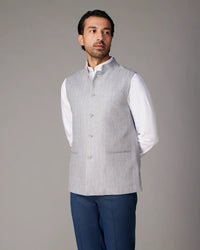 The Grosvenor 100% Linen Melange Striped Nehru Jacket - Grey