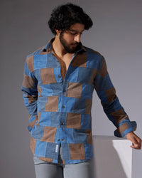 Japanese Patchwork Denim Shirt - Brown & Blue