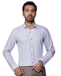 4-Way Stretch Cotton Checked Shirt - Blue & Grey