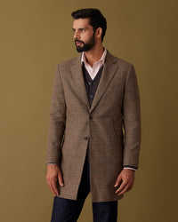 Bracken Houndstooth Tweed Long Jacket - Brown & Beige