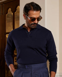 Signature Flat Knit Long Sleeve Polo T-shirt - Navy