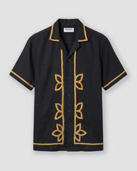 Wreath Cotton Linen Embroidered Shirt - Black